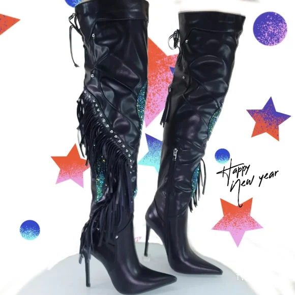 NWT BLACK LEATHER PEACOCK BLUE RHIBESTONE FRINGED TALL BOOTS